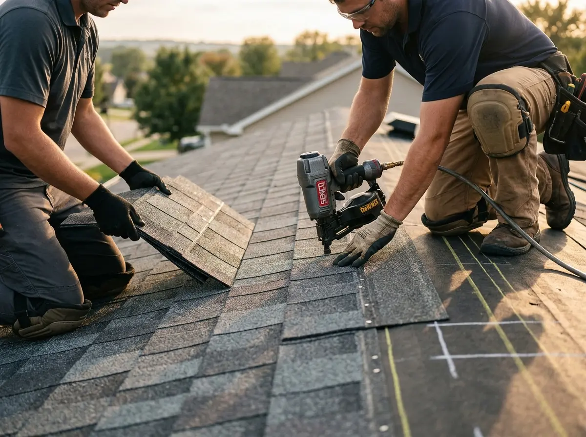 Professional roofer working on a residential roof in Oceano